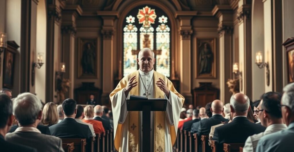 Kapłan w tradycyjnym stroju katolickim głosi kazanie w sakralnym wnętrzu kościoła, symbolizując obronę wiary przed modernistyczną reinterpretacją