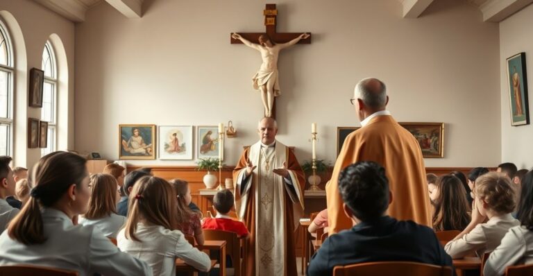 Rewerscyjna scena edukacji katolickiej z kapłanem i wiernymi, podkreślająca wagę nauki zgodnej z tradycją Kościoła w obliczu współczesnych zagrożeń