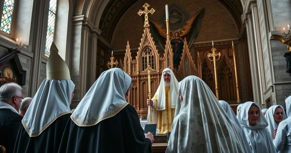 Tradycyjny katolik modlący się przed katedrą, wyraża głęboki szacunek i troskę o wiarę katolicką, odrzucając modernistyczne tendencje