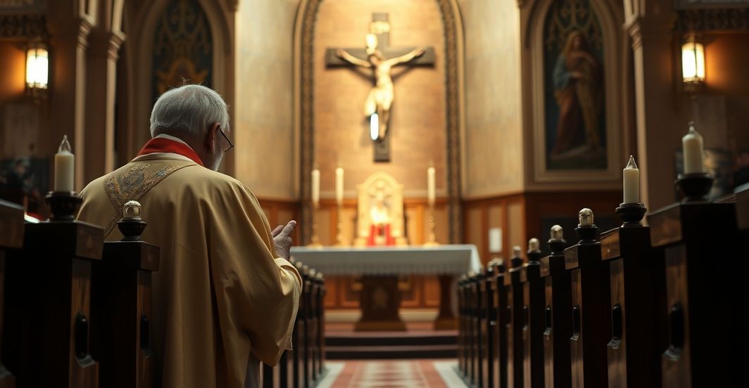 Obrona życia katolickiego kapłana przeciwko eutanazji w Kanadzie Smutny katolicki kapłan modli się nad ołtarzem z krucyfiksem, symbolizując obronę życia i sprzeciw wobec eutanazji w Kanadzie
