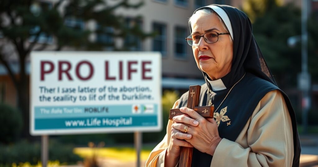 Katolicka kobieta w tradycyjnym stroju z krzyżem, protestująca przed szpitalem, symbolizując obronę życia i sprzeciw wobec aborcji