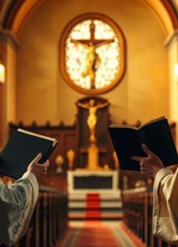 Obraz katolickiego obrońcy nauki naturalnego prawa w kościele Rezystentny katolicki obraz w kościele, duchowny broniący nauki naturalnego prawa wobec nowoczesnych ideologii