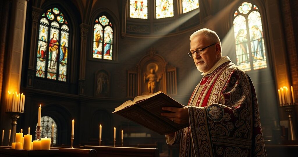 Klasztor katolicki, kapłan czytający Pismo Święte w kościele, wyraz głębokiej pobożności i obrony nauki Kościoła