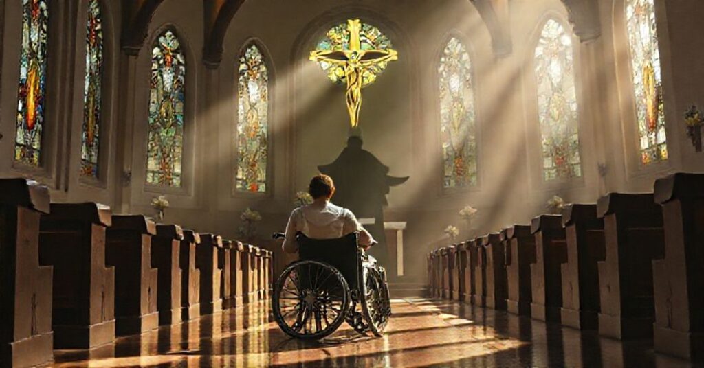 Daniese McMullin-Powell i Sean Curran modlą się przed krzyżem w końcu katedralnym, w otoczeniu symboli nadziei i wytrwałości. Ustawa Delaware o samobójstwie widnieje w cieniu na tle.