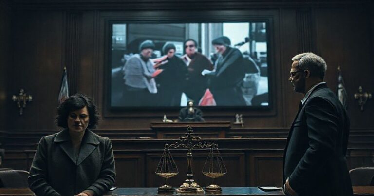 Sądowa scena z Jean Marshall, Paulette Harlow i Will Goodman przed sędzią, z fałszywym wideo AI jako dowodem ich fałszywej winy