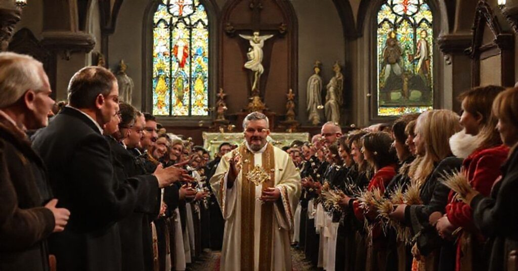 Sobór katolicki z tradycyjnymi elementami wnętrza podczas obrzędu "poświęcenia owsa", gdzie grupa wiernych pod przewodnictwem "biskupa" Mariana Florczyka rzuca ziarnami w kierunku duchownych.