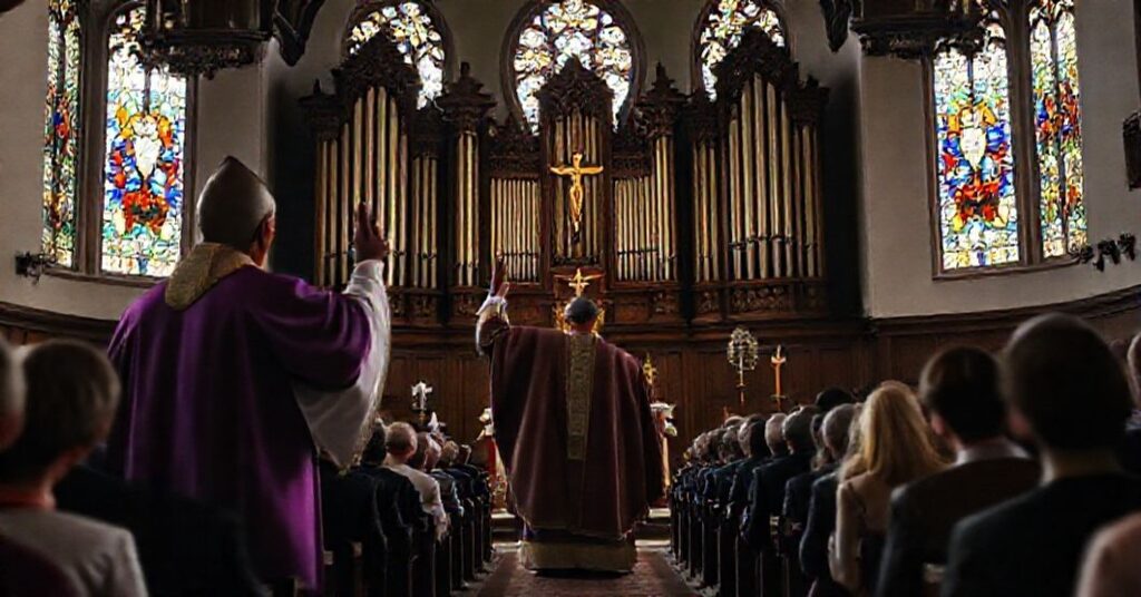 Solemne momento w tradycyjnym kościele katolickim podczas kontrowersyjnego obrzędu wybudzenia organów w Zebrzydowicach. Pseudo-biskup Piotr Greger błogosławi instrumentom przed zgromadzeniem modlącej się wspólnoty.