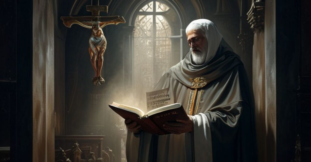 Katolicki książ w tradycyjnych szatach liturgicznych trzymający otwartą Biblię w ciemnej kaplicy z krzyżem przedstawiającym obrzędanie Chrystusa. W tle Grzegorz Rys w stroju "arcybiskupim" odwraca się od krzyżu.