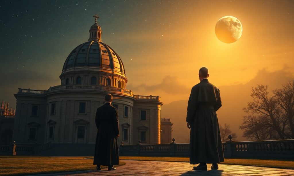 Obraz przedstawiający Obserwatorium Watykańskie w Castel Gandolfo z historią papieża Leona XIII i asteroidą Gioacchinopecki.