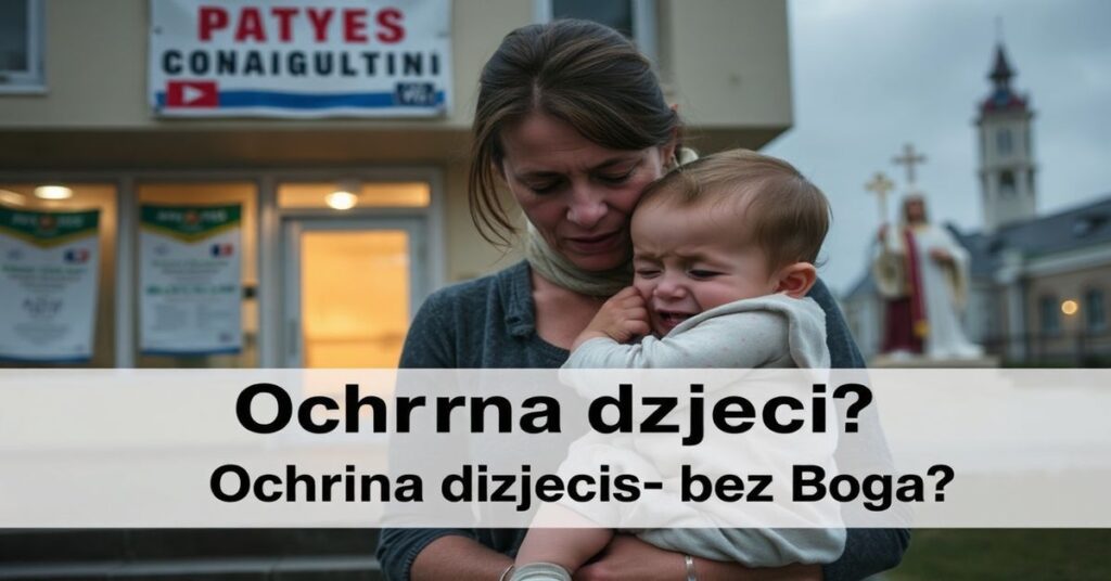 Zmieszana matka trzymająca płaczące dziecko przed budynkiem urzędu rządowego, na tle odległego kościoła z mszą trydencką