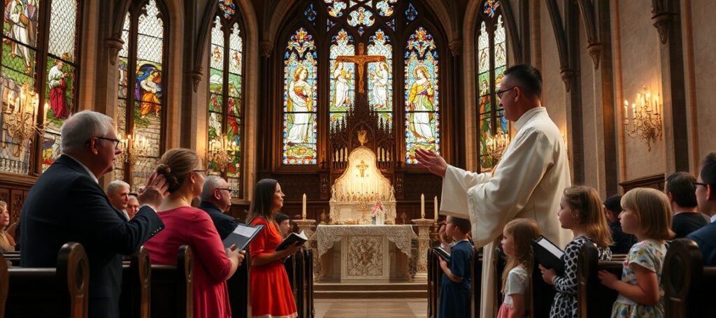Scena w tradycyjnym wnętrzu kościoła katolickiego, gdzie ksiądz w liturgicznych szatach błogosławi grupę zaniepokojonych rodziców i dzieci. Witraże przedstawiają biblijne sceny ochrony i niewinności, podczas gdy ołtarz świeci świetlami świecy. Rodzice trzymają księgi modlitewne, a dzieci patrzą z wyrazami nadziei i zaufania. Atmosfera przenosi czystość moralną i święte obowiązki wobec ochrony niewinnych dzieci.