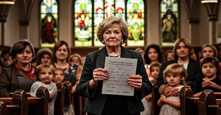 Portret Marjorie Taylor Greene z podpisanym projektem ustawy chroniącej dzieci przed okaleczaniami płciowymi w tradycyjnym koście katolickim z witrażem.