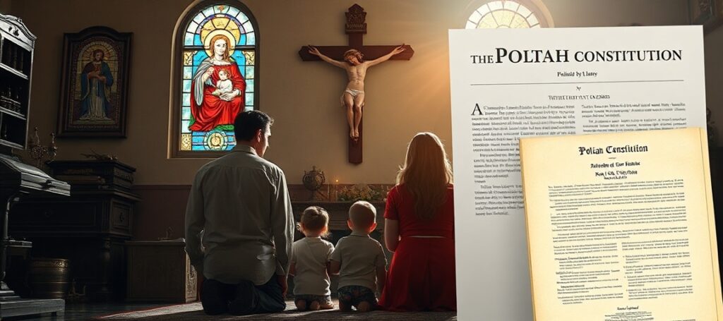 Tradycyjna katolicka rodzina modli się przed krzyżem w pokojnym domu polskim