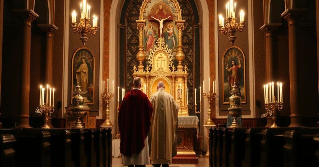 Wnętrze kościoła z kapłanem w tradycyjnych szatach liturgicznych stojącym przed tabernakulum, otoczone relikwiami i naczyniami liturgicznymi. Scena podkreśla duchową wartość ochrony skarbów Kościoła, zwracając uwagę na obecność Najświętszego Sakramentu i sakralny charakter miejsca.