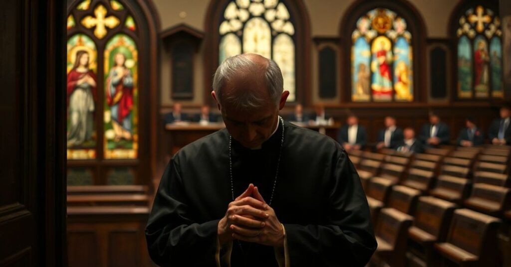 Tradycyjny ksiądz katolicki w konfesjonałach, symbolizujący sakralność tajemnicy spowiedzi.