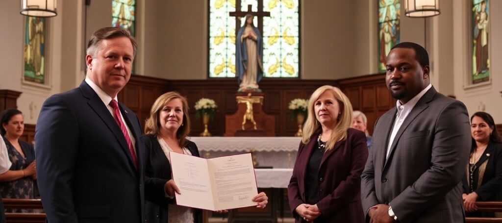 Gubernator Kevin Stitt z przedstawicielami Denise Crosswhite Hader i Erick Harris w tradycyjnym kościele katolickim. Statua Matki Boskiej i krzyż na ołtarzu.