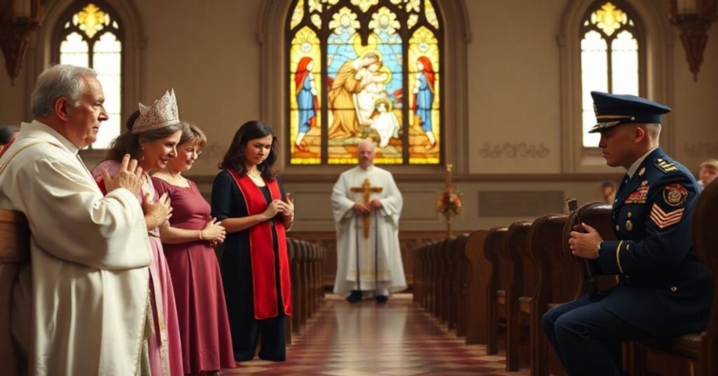 Rodzina katolicka modli się w kościele z weteranem w mundurze, biskup w tradycyjnych ornatach trzyma krzyż. Scena symbolizuje ochronę życia nienarodzonego i stanowisko Kościoła przeciw aborcji.