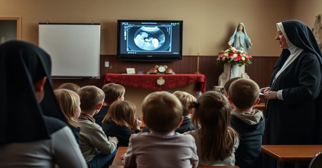 Solemne zajęcia w tradycyjnej katolickiej klasie w Nebrasce z obrazem USG płodu