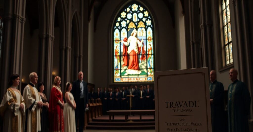 Kościół katolicki z witrażem przedstawiającym Chrystusa Króla, na tle sceny operowej z wykonawcami w strojach teatralnych.