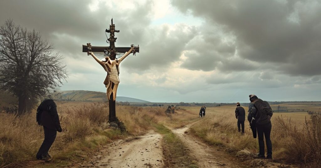Odbudowa krzyża przydrożnego przez wolontariuszy z organizacji SOS Calvaires we Francji