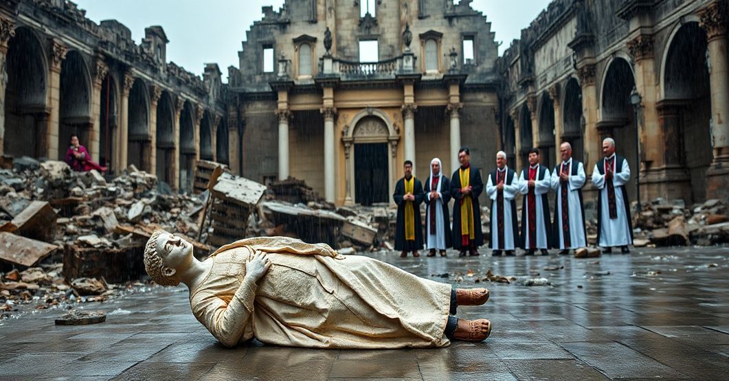Sobór św. Benedykta w Nursji - odbudowa materialna przy duchowej ruinie, symbolizująca hipokryzję nowoczesnego modernizmu kościelnego.