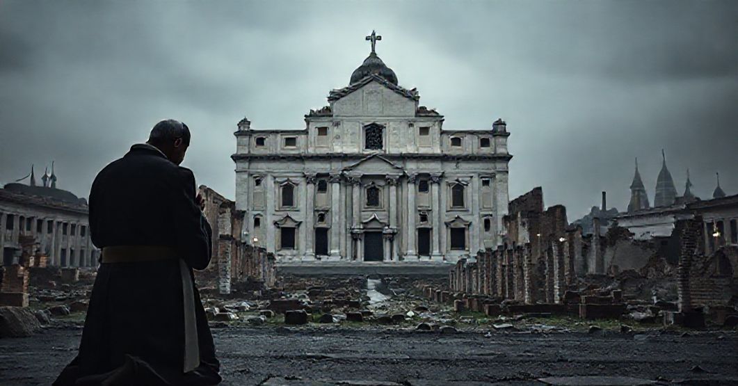 Zniszczona bazylika św. Benedykta w Nursji z nowoczesną elewacją - symbol pustki duchowej i braku prawdziwej odnowy wiary.