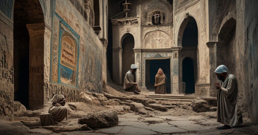 Zdjęcie przedstawiający zrujnowany kompleks klasztorny z czasów bizantyjskich w Al-Deir w Egipcie. Monk w tradycyjnym habitacie modli się przed zużytą ikoną Chrystusa na tle nowoczesnych archeologów dokumentujących miejsce.
