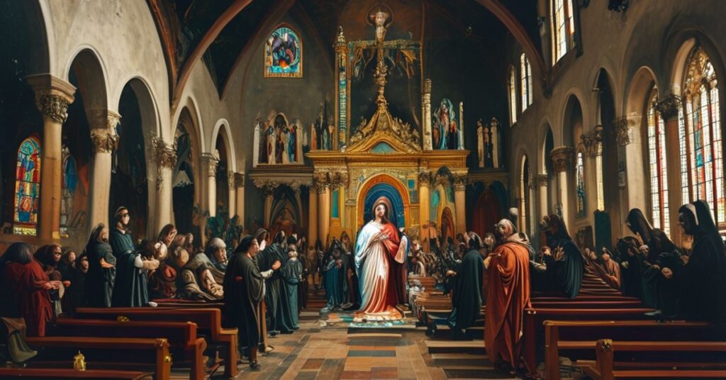 Wewnętrze katedry w Przedborzu z odkrytym obrazem Piety i koronacją króla, symbolizującym Chrystusa Króla