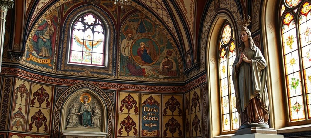 Odsłonięcie zabytkowej polichromii w prezbiterium kościoła św. Małgorzaty w Kamienicy (Bielsko-Biała) z fragmentami ornamentalnych wzorów i napisem 'Gloria'.