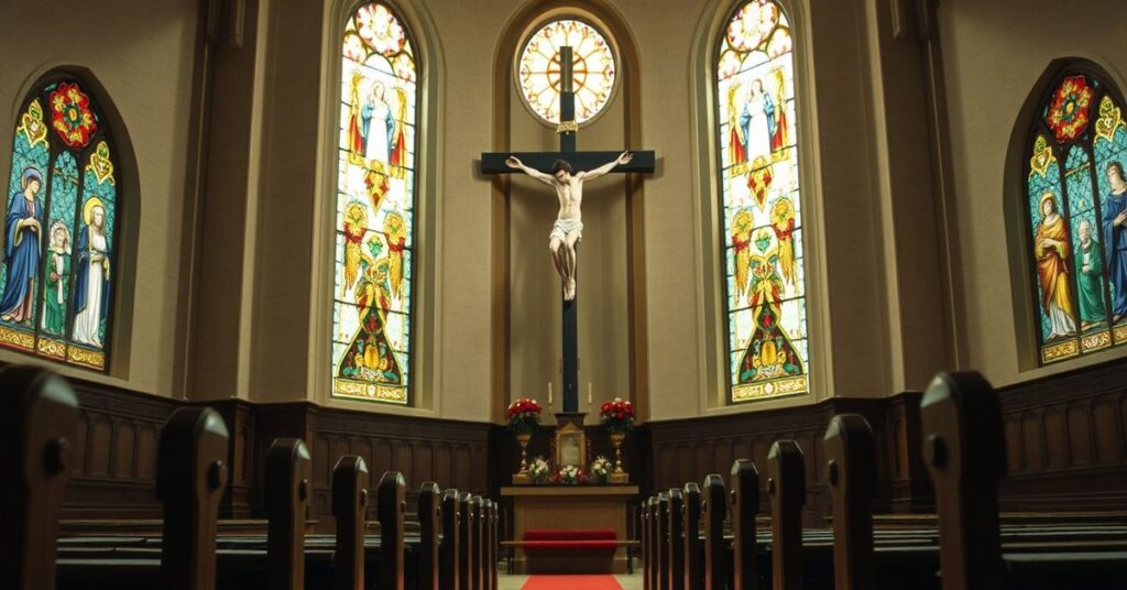 Młody mężczyzna w tradycyjnym katolickim stroju modli się przed krucyfiksem w kościele z witrażami przedstawiającymi świętych.