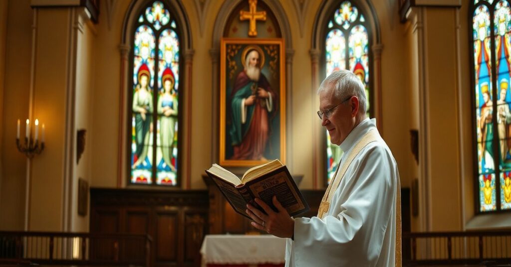 Wnętrze tradycyjnego kościoła katolickiego z kapłanem w ornatach trzymającym księgę Pisma Świętego przy świetle prześwietlającym witraże z biblijnymi scenami na tle.