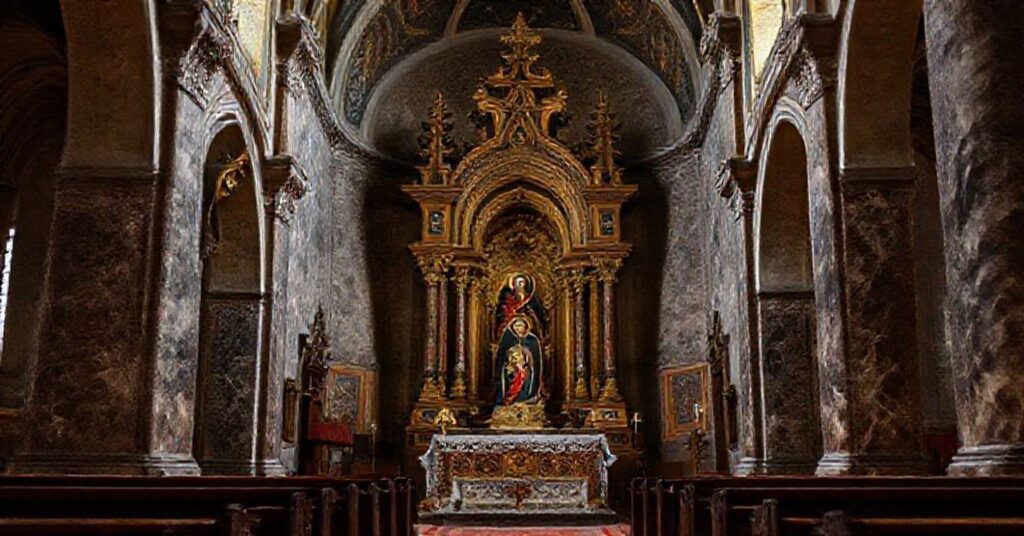 Wnętrze kościoła św. Jakuba w Rzykach z widokiem na odnowione barokowe ołtarze boczne. Zaznaczony jest kontrowersyjny ołtarz Matki Boskiej Różańcowej z figurką Maryi i wizerunkiem Matki Boskiej Częstochowskiej.