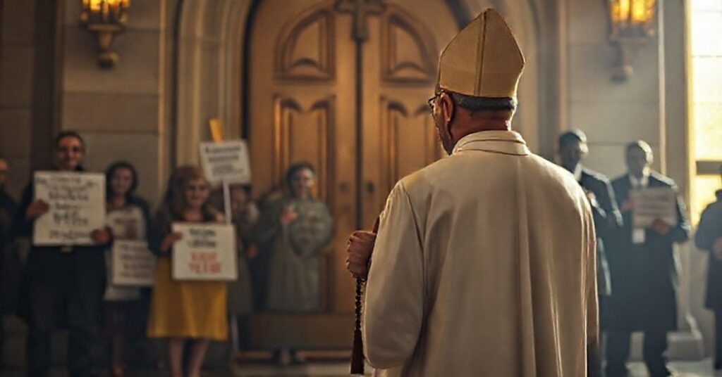 Tradycyjny ksiądz trzymający różaniec stoi przed zamkniętymi drzwiami kościoła, symbolizując odporność wobec kompromisu z aborcją. Tłem są aktywni pro-life z transparentami z cytatami biblijnymi.