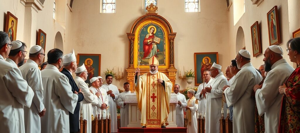 Uroczysta scena odrodzonej diecezji w Tarsus w 2026 roku z biskupem w tradycyjnych szatach liturgicznych otoczonym kapłanami i wiernymi.