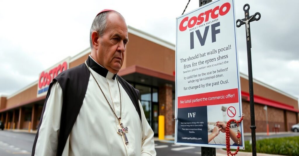 Mężczyzna katolicki w smutnym nastroju przed sklepem Costco, patrząc na reklamę leków na IVF z wyraźnym odrzuceniem moralnym.