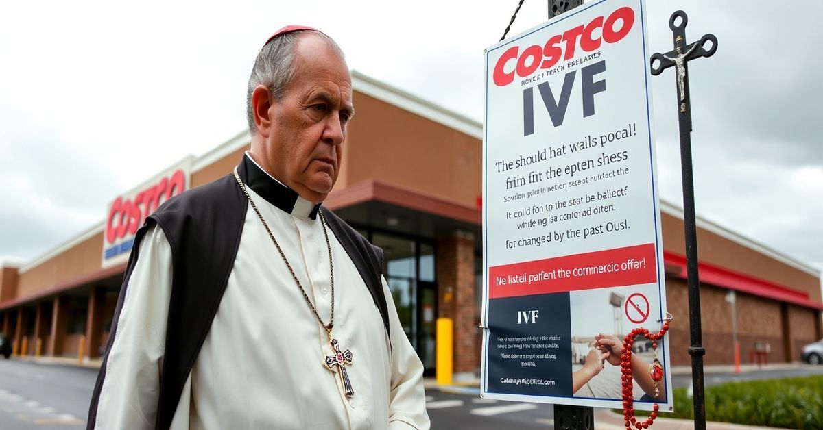Odrzucenie morderstwa niemowląt przez Costco - wizja katolicka Mężczyzna katolicki w smutnym nastroju przed sklepem Costco, patrząc na reklamę leków na IVF z wyraźnym odrzuceniem moralnym.
