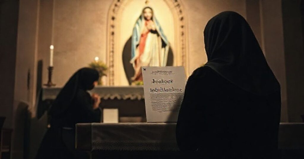 Kobieta w czerni modli się przed rzeźbą Matki Bożej, z dokumentem 'Mater Populi Fidelis' na ołtarzu.