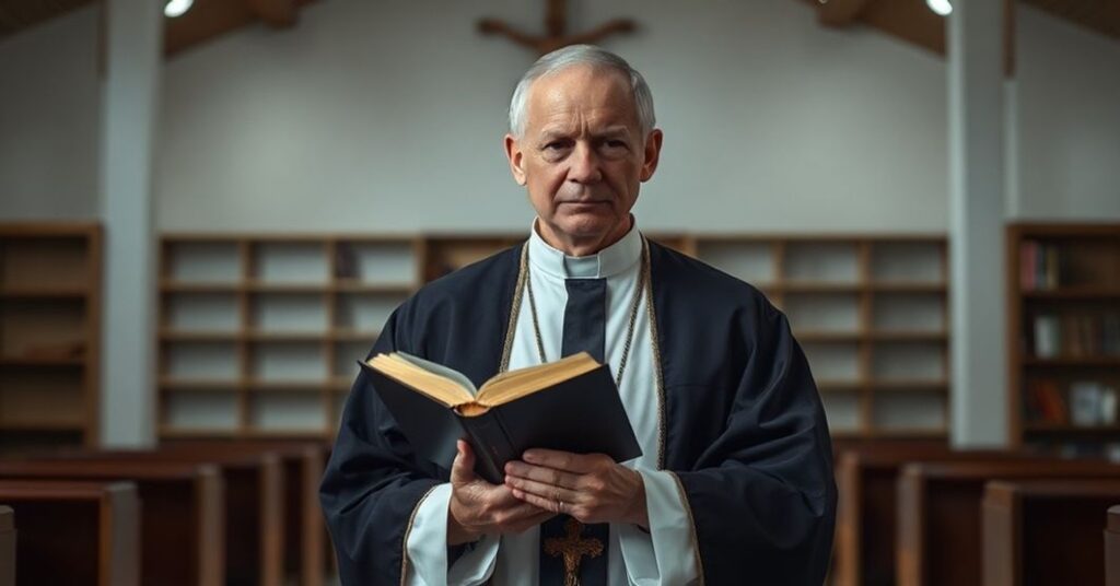 Prawdopodobnie tradycyjny ksiądz w strój liturgiczny z troską na twarzy w ciemnym kościele z pustą biblioteką i złamanym krucyfiksem na tle.