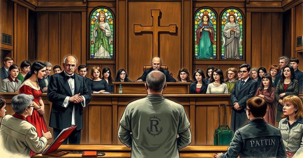 Sądowa sala z sędzią Muszyńskim i męskim zabójcą w otoczeniu katolickich duchownych i obrońców praw kobiet.