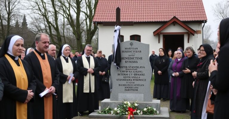 Uroczyste odsłonięcie pomnika poświęconego męczenniczym siostrom Benedyktynek w Kwidzynie, z akcentem na ich duchową ofiarę i tradycyjne katolickie wartości.
