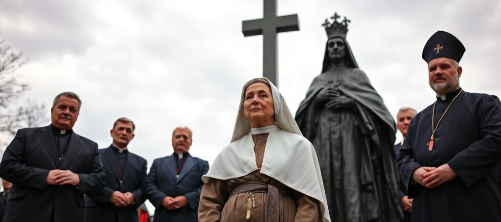Odsłonięcie pomnika Stanisławy Leszczyńskiej w Warszawie - scena z heroiczną położną i hierarchami sekty posoborowej