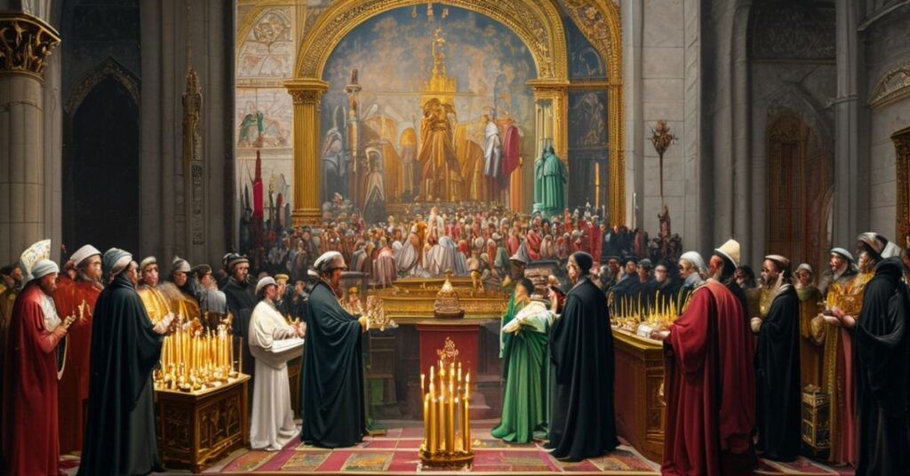 Realistyczny obraz odsłonięcia mozaiki przedstawiającej Roberta Prevosta w Bazylice św. Pawła za Murami, symbolizujący herezję i apostazję sekt posoborowych.