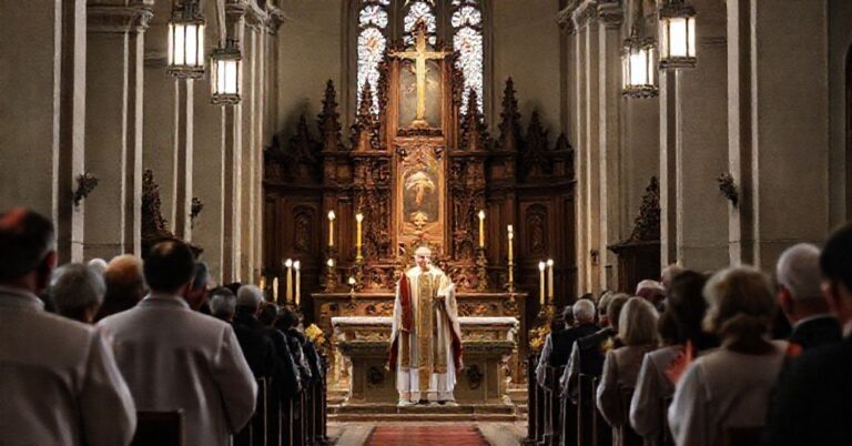 Wnętrze kaliskiej katedry podczas odsłonięcia tablicy ku czci ks. Józefa Sieradzana. Scena ukazuje tradycyjną mszę św. z kapłanem w ornacie i wierzącymi w modlitwie. Atmosfera jest poważna i szacunkowa.