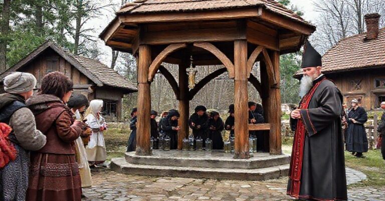 Odtworzona drewniana altana w Świętej Lipce z ludź pobierającą rzekomą "wodę", ks. Grzegorz Nogal w tle. Scena ukazuje synkretyzm i brak nadprzyrodzonego wymiaru kultu katolickiego.