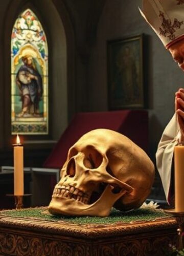 Odzyskana czaszka świętej Zdzisławy - tradycyjna katolicka cześć relikwii Odzyskana czaszka świętej Zdzisławy w kościele z tradycyjnym otoczeniem religijnym
