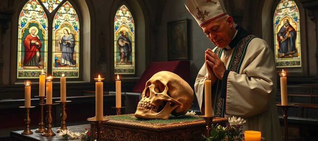 Odzyskana czaszka świętej Zdzisławy w kościele z tradycyjnym otoczeniem religijnym