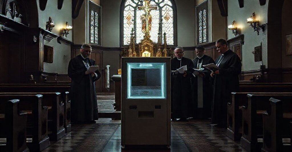 Scena w kościele katolickim przedstawiająca wprowadzenie automatów do zbierania ofiar (ofiaromatów) przez sekcie posoborową. Księża dyskutują nad dokumentami w tle ołtarza.