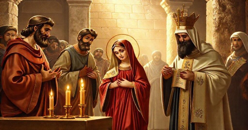 Tradycyjne rzezbienie przedstawiające Ofiarowanie Najświętszej Maryi Panny w świątyni z rodzicami Świętej Rodziny i kapłanem