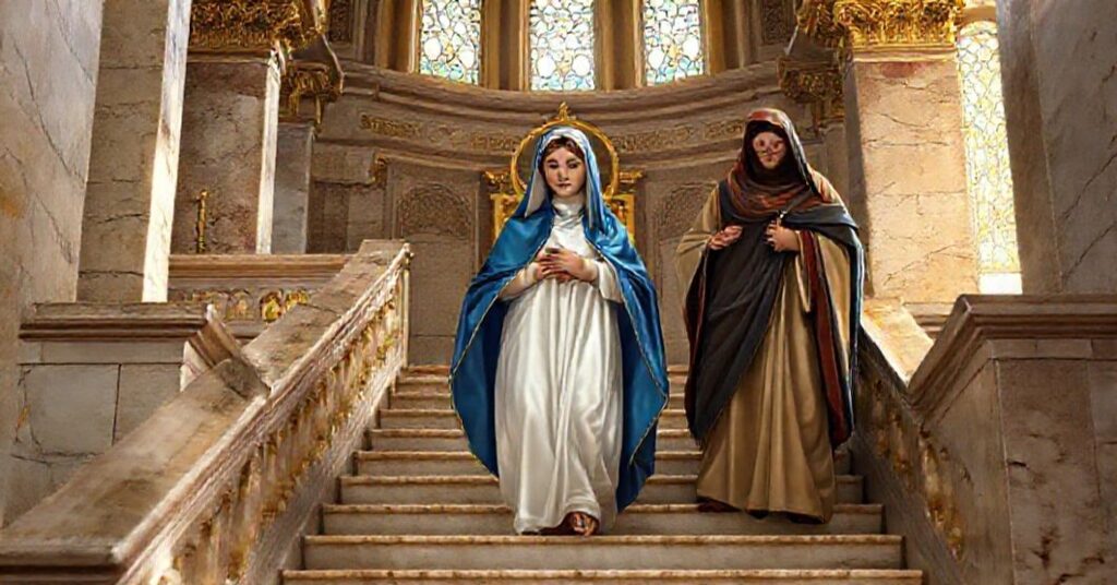 Tradycyjne przedstawienie Ofiarowania Najświętszej Maryi Panny w świątyni Jerozolimskiej.