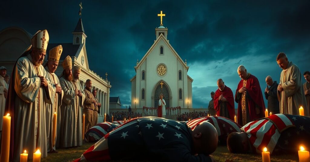 Scena katolicka ukazująca ofiary ataku w Benghazi z 2012 roku z duchownymi modlącymi się nad ich ciałami.